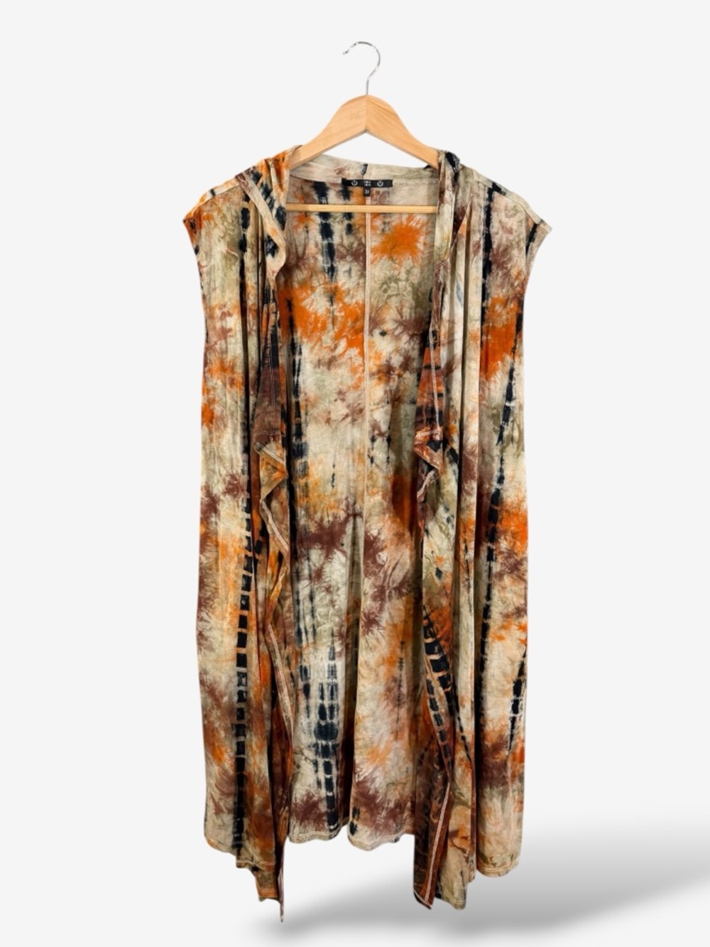 Coin 1804 Hooded Cardigan Vest Size 3X Brown Boho Tie Dye Sleeveless Longline